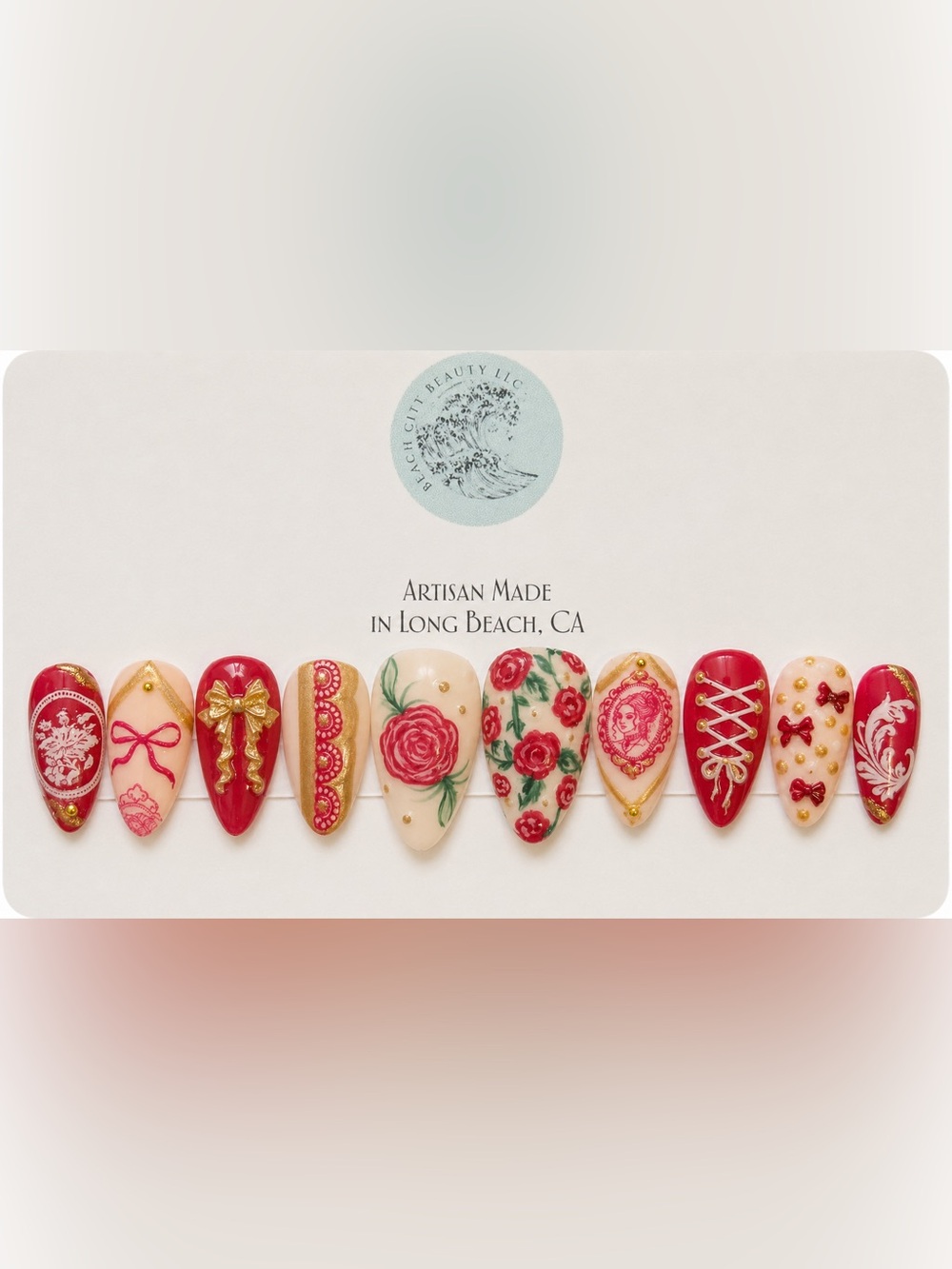 Victorian Red Rose Press On Nails Large Luxury Gothic Cameo Bow Gel Set